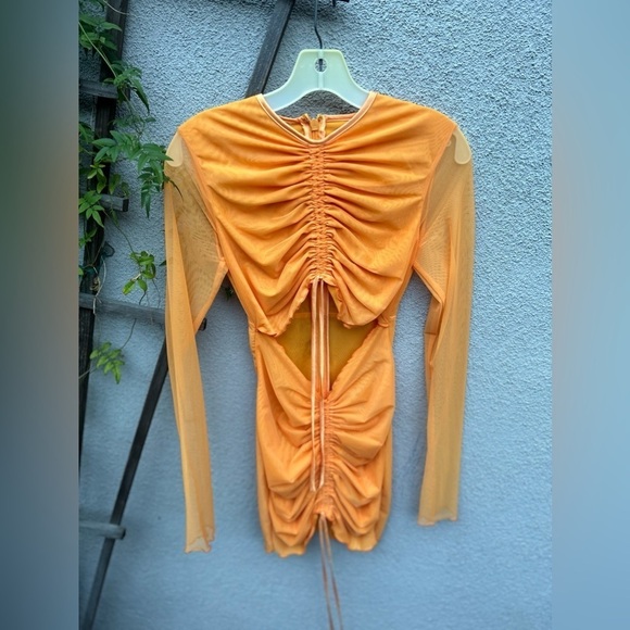 House Of CB 'Jeanelle' Orange Ruched Mesh Long Sleeve Cutout Mini Dress - Picture 4 of 6